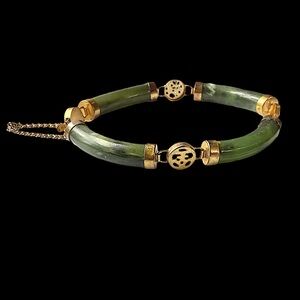 Vintage Chinese Spinach Jade Nephrite Gold Toned Good Luck Bangle Bracelet